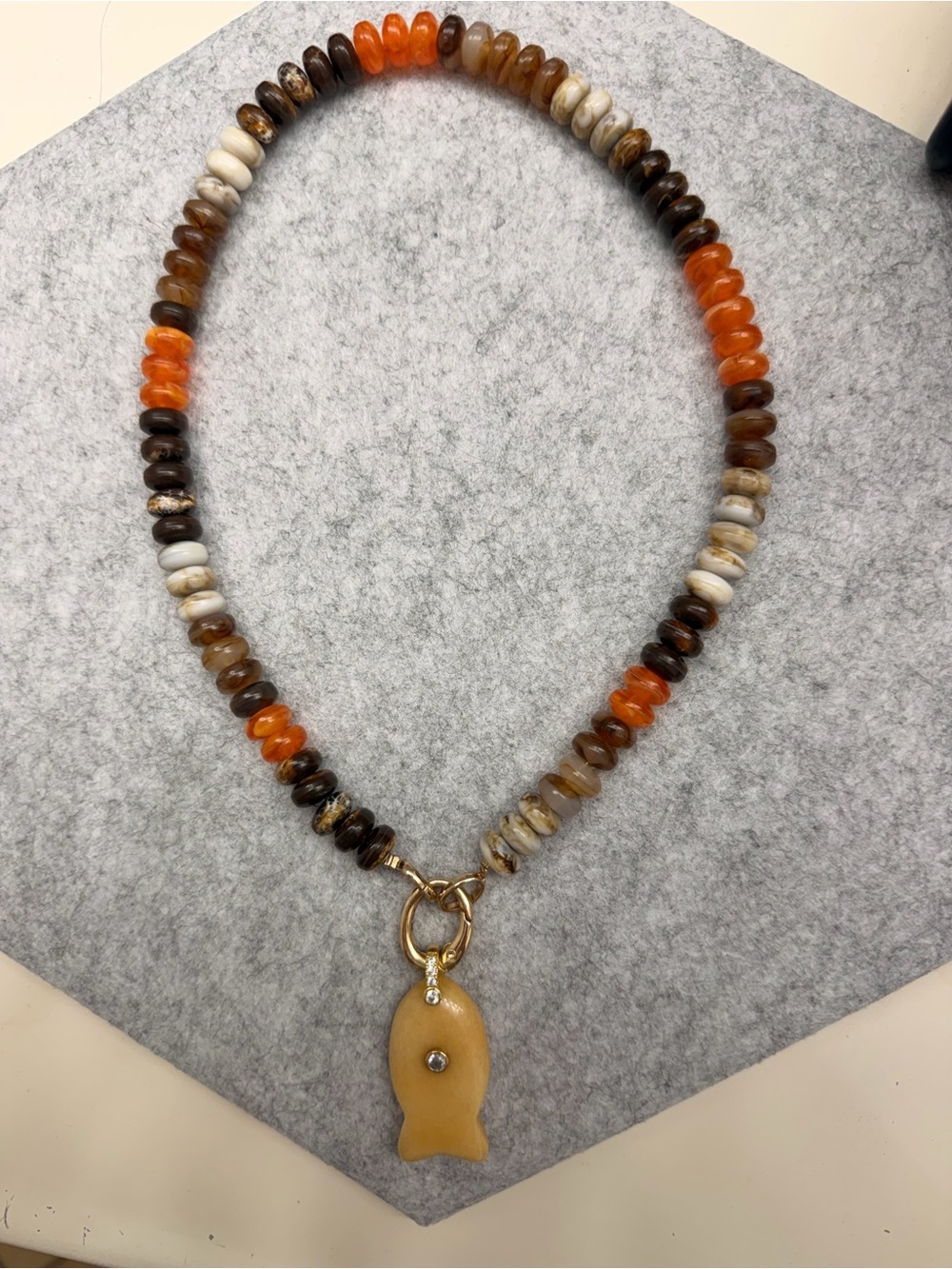 Handmade Multicolor Agate Beaded Necklace with Yellow Fish Pendant